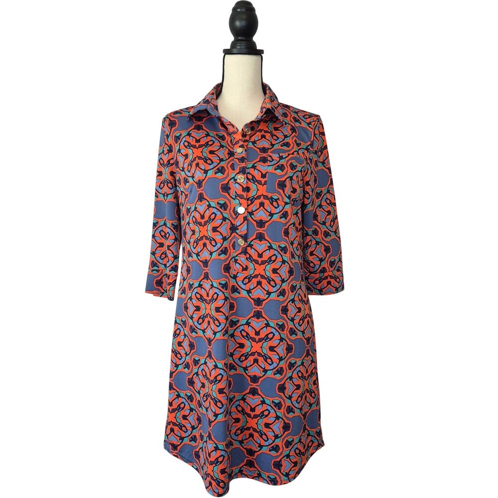 Tracy Negoshian Lana Shirt Dress Orange Blue Geometric Medallion Polo Tunic M